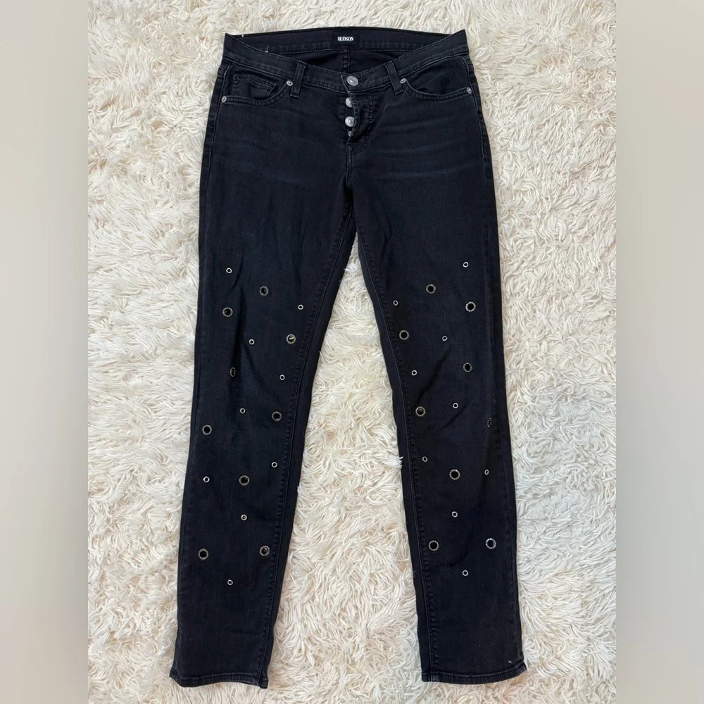 HUDSON THE RILEY CROP STRAIGHT JEANS LOW RISE SZ 25 BLACK CRYSTALS BUTTON FLY